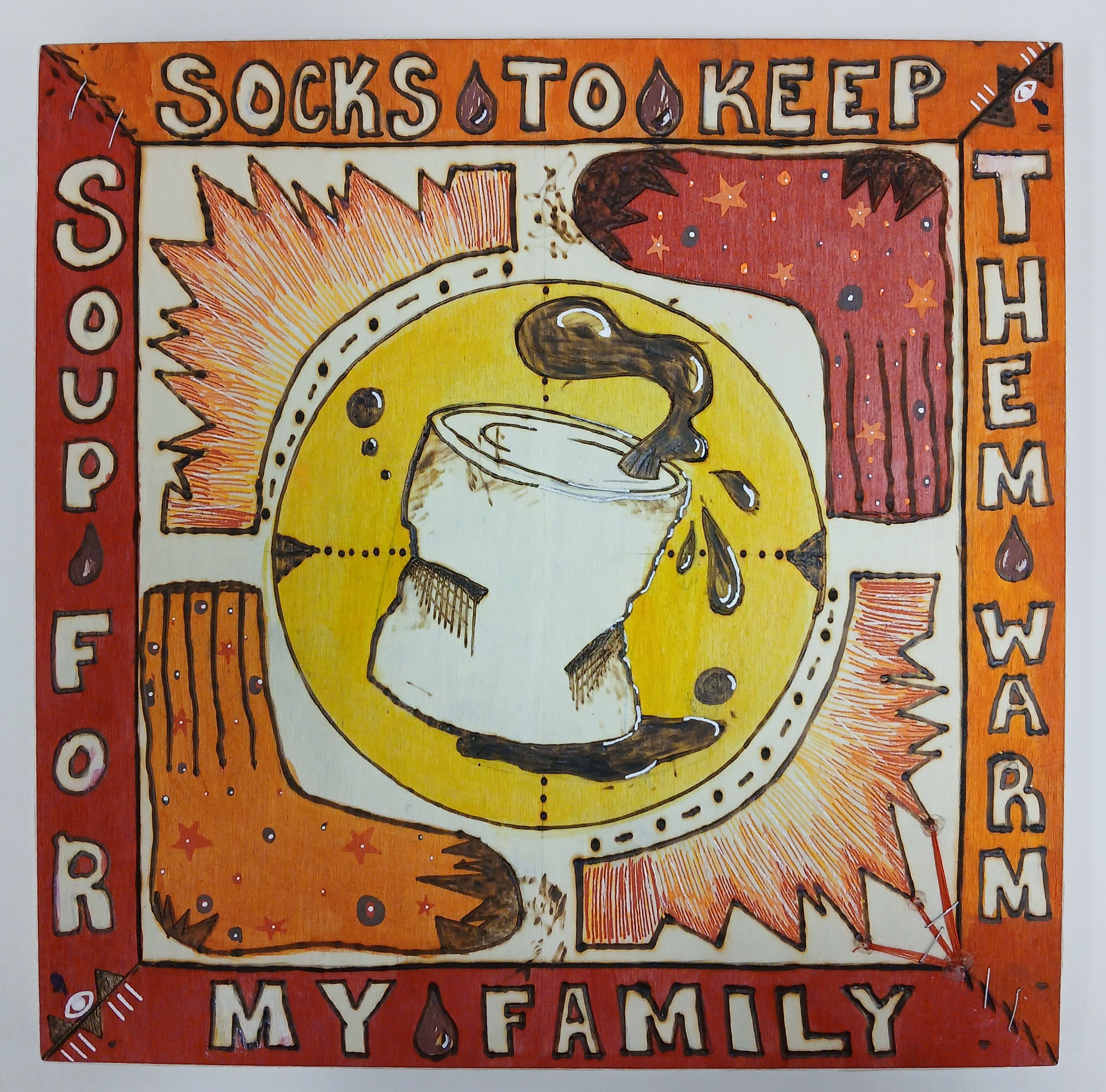 Wood Burning mixed media piece entitled, food for my family